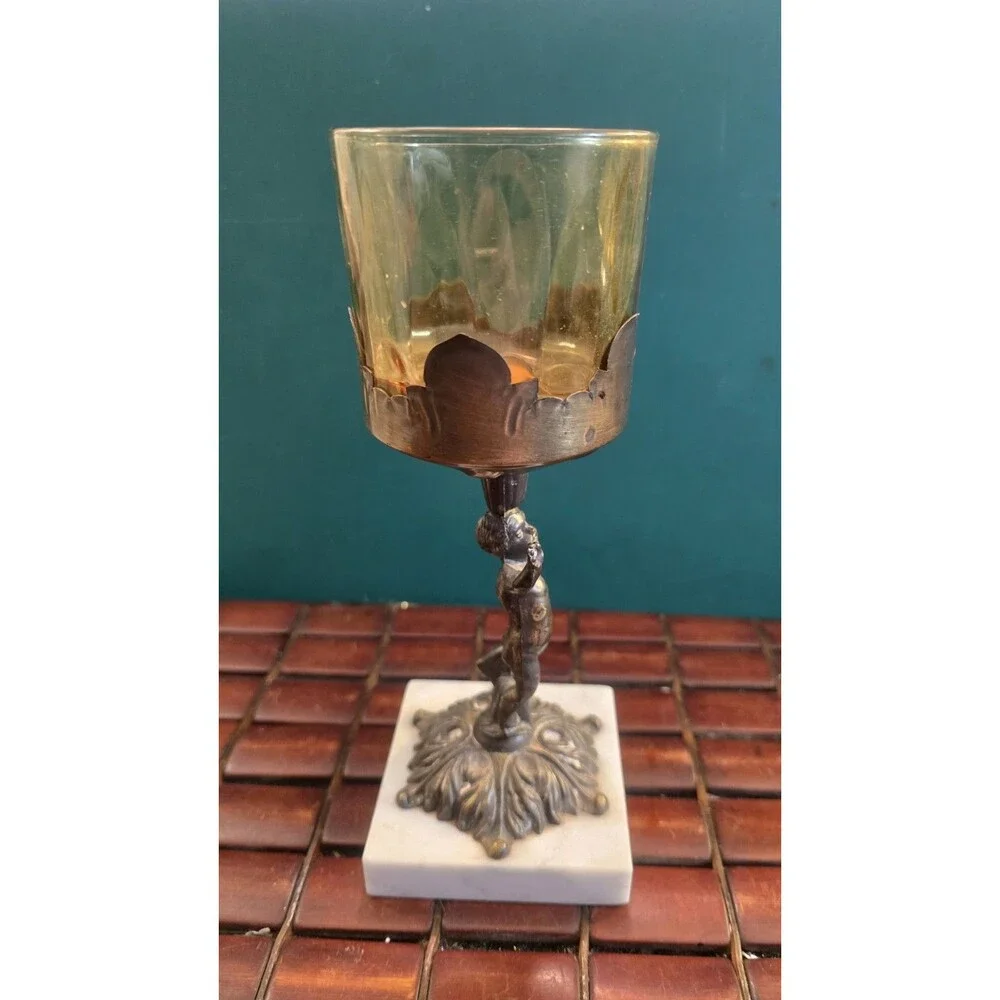 Cherub Candle Holder Bronze  w/ Marble Base Vintage Hollywood Regency 9.25